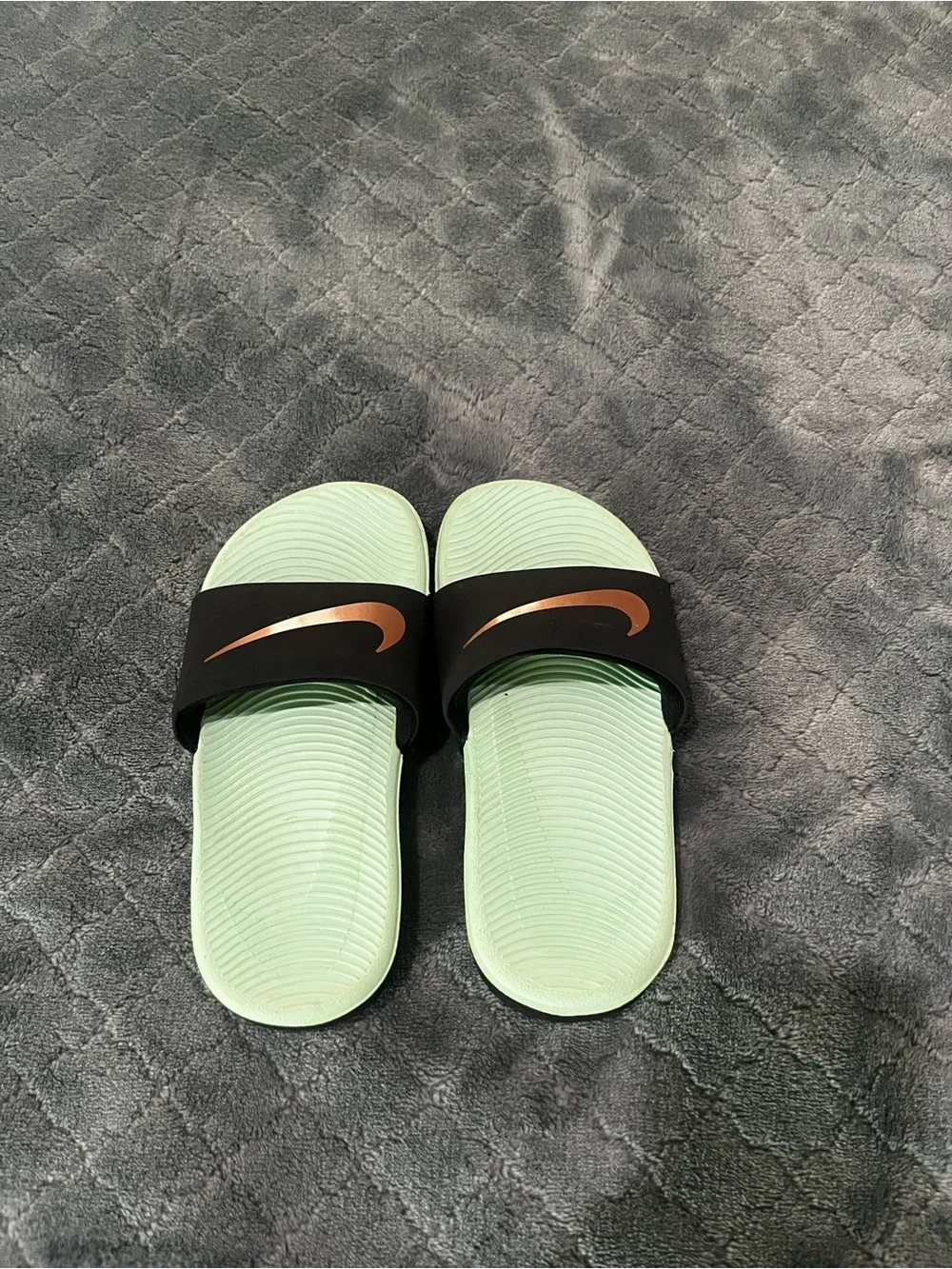 Nike Mint Green‎ Footbed Slides with Black Strap and Rose Gold Swoosh